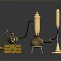 Vintage Laboratory Equipment with Shiny Brass Metal Finish and Connected Tubes on Black Reflective Tabletop