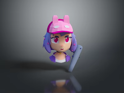 Cartoon Game Character with Pink Rabbit Ear Hat Purple Hair Red Eyes Holding Microphone Stick 3d model
