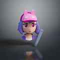 Cartoon Game Character with Pink Rabbit Ear Hat Purple Hair Red Eyes Holding Microphone Stick