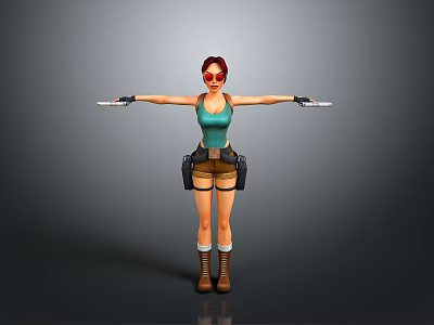 3D Female Character With Red Hair Red Goggles Green Tank Top Brown Shorts And Knives 3d model
