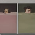 Portrait Paintings Featuring Two Heads Emerging From Water In Pink And Green Backgrounds With Black Frames