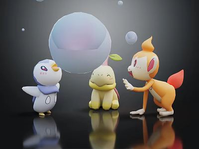 Cute Cartoon Characters Playing With Large Transparent Bubble And Small Bubbles On Black Background 3d model