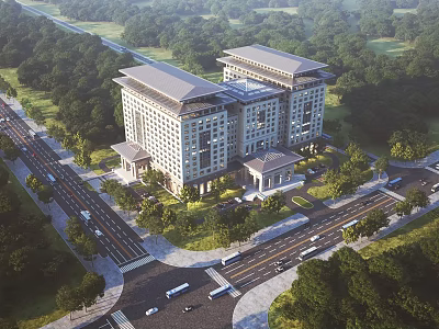 Birds Eye View Planning of Modern Large Building Complex with Roads Greenery and Vehicles 3d model