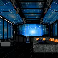 Futuristic KTV Lounge Interior With Blue Lighting Sofa Seating And Digital Screens