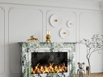Elegant Marble Fireplace With Burning Fire And Stylish Decor 3d model