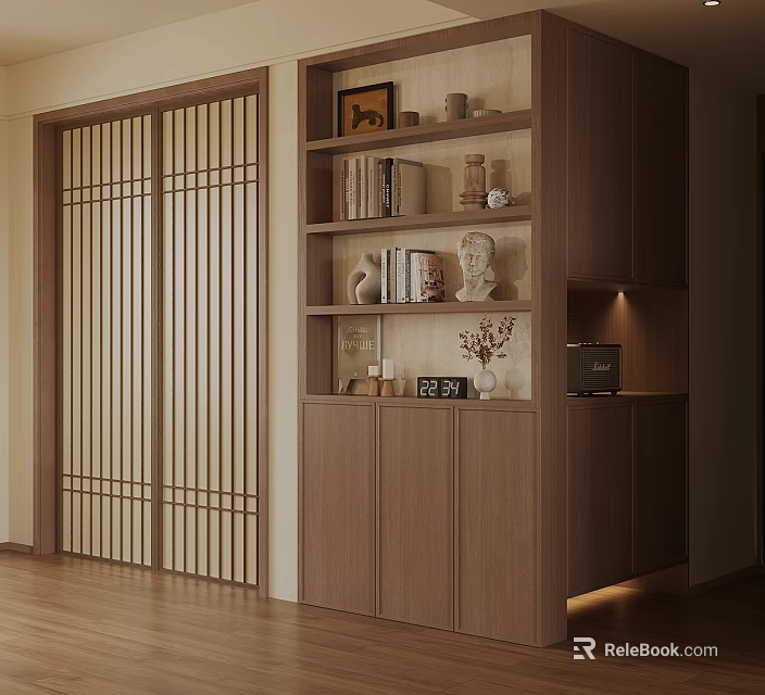 Modern Decorative Ornament Combination With Wooden Shelf Books Sculptures And Vase 3d model 