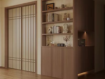 Modern Decorative Ornament Combination With Wooden Shelf Books Sculptures And Vase 3d model