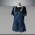 Blue Denim Overalls Shorts With Black T-shirt White Striped Cuffs And Pockets