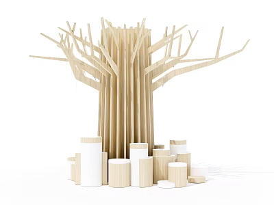 Wooden Columns Forming Tree Like Structure With Various Sizes Cylindrical Bases Around Bottom 3d model