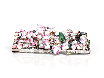 Pile Of Broken Ceramic Fragments With Pink And White Patterns And Small Green Object 3d model