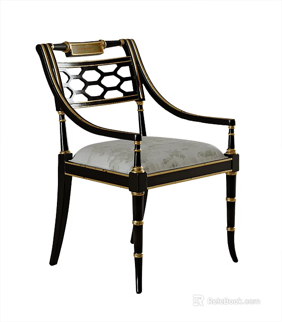 Classic Armchair With Black Frame Gold Accents Gray Upholstered Seat And Geometric Cutout Backrest 3d model 