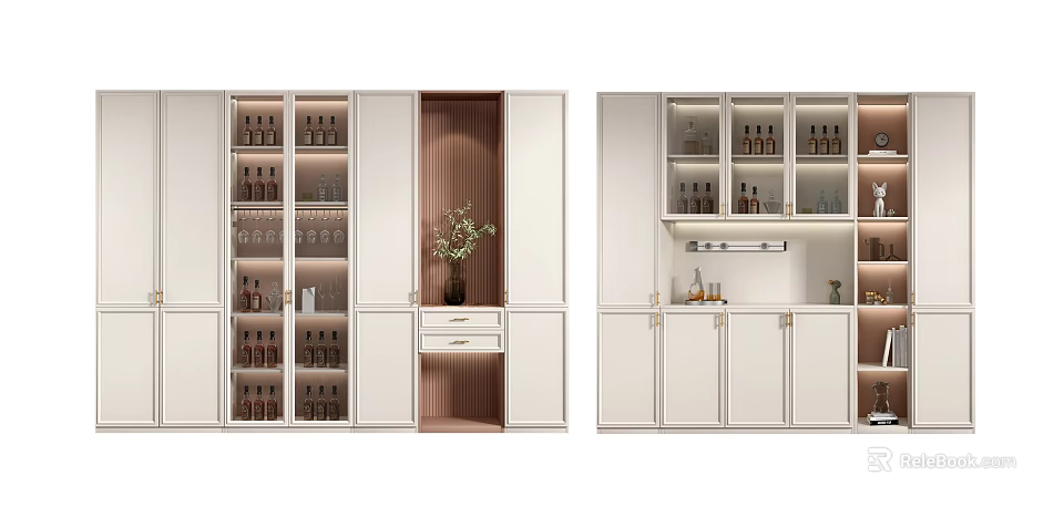 Modern White Wine Cabinet With Glass Doors Wine Bottles Glassware Open Shelf And Green Plant 3d model 