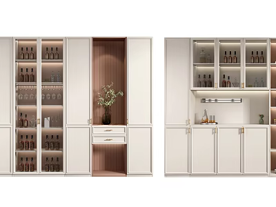 Modern White Wine Cabinet With Glass Doors Wine Bottles Glassware Open Shelf And Green Plant 3d model