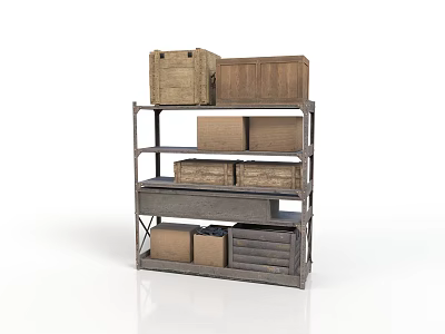 Industrial Metal Shelf With Multiple Layers Wooden Crates And Storage Drawers 3d model