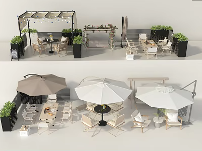 Outdoor Sofa Coffee Table Set With Pergola Umbrella Plants And Decorative Chairs 3d model