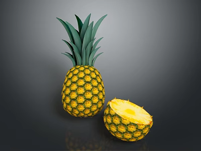 Fresh Ripe Pineapple With Green Leafy Top Whole And Half Cut Juicy Flesh 3d model
