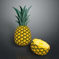 Fresh Ripe Pineapple With Green Leafy Top Whole And Half Cut Juicy Flesh