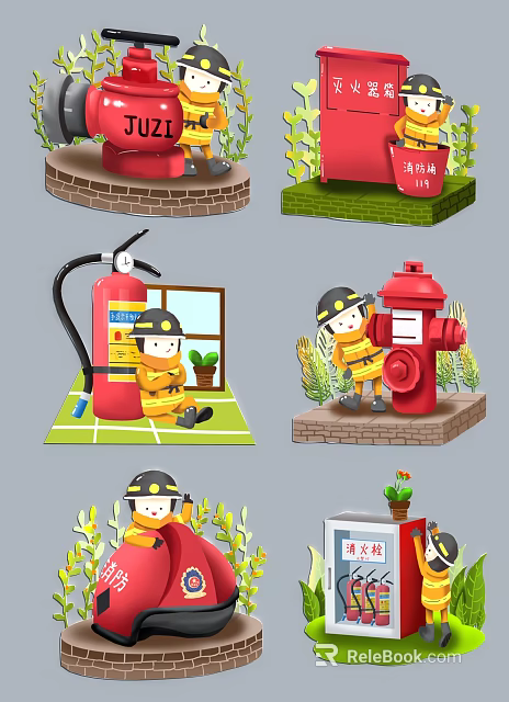 Cartoon Firefighter Themed Wall Decor With Fire Extinguisher And Hydrant Elements 3d model