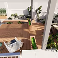 Beautiful Courtyard Garden With Wooden Walkway Gravel Ground Stones Plants Lantern And White Walls