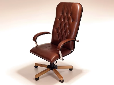 Brown Leather Leisure Chair With High Backrest Diamond Tufted Curved Armrests And Wooden Base Wheels 3d model