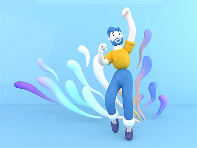 3D Cartoon Game Movie Character With Raised Fists And Colorful Flowing Lines On Blue Background 3d model