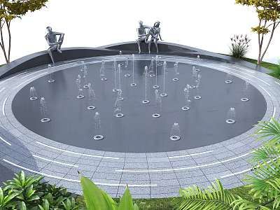 Circular Fountain With Water Jets And Statues Surrounded By Green Plants And Trees 3d model