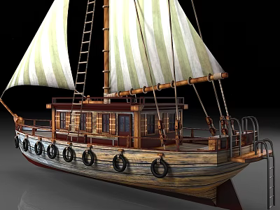 Wooden Boat With Striped Sails Ladder On Deck Fenders Along Hull And Cabin Windows 3d model