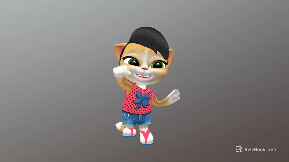 Cartoon Cat Game Character Waving Hand With Black Short Hair Red Top And Blue Shorts 3d model 