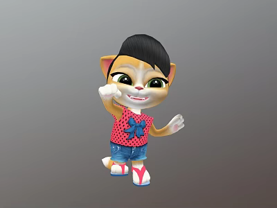 Cartoon Cat Game Character Waving Hand With Black Short Hair Red Top And Blue Shorts 3d model