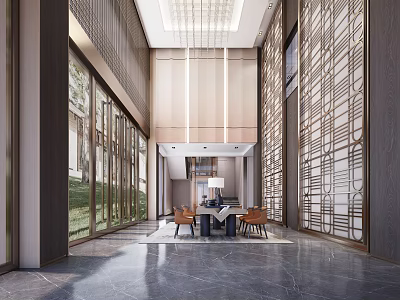 Modern Elegant Hotel Lobby Interior With Lattice Walls Marble Flooring And Ceiling Lighting 3d model