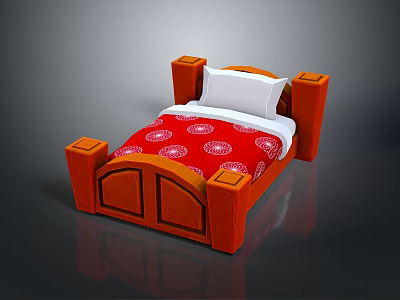 Red Wooden Bed With White Pillow And Red Bedspread Featuring White Patterns 3d model