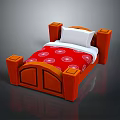 Red Wooden Bed With White Pillow And Red Bedspread Featuring White Patterns