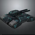 Futuristic Tank Weapon with Dual Cannons Blue Glowing Patterns and High Tech Dark Colored Body