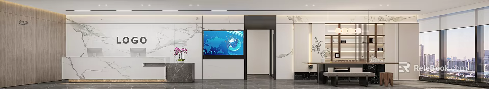 Modern Front Desk Reception Area With Large Screen World Map Globe And Marble Walls 3d model