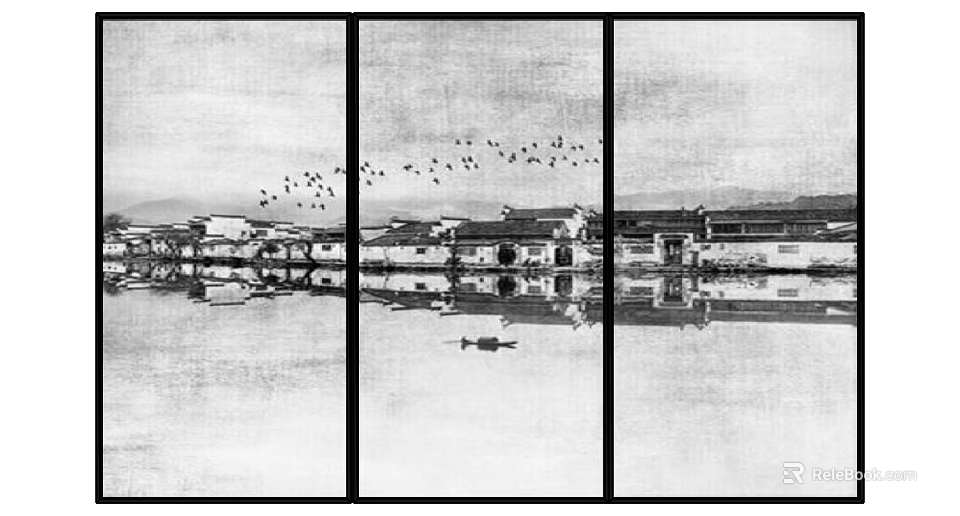 Three Panel Black And White Water Town Wall Decor With Architecture Reflection And Flying Birds 3d model 
