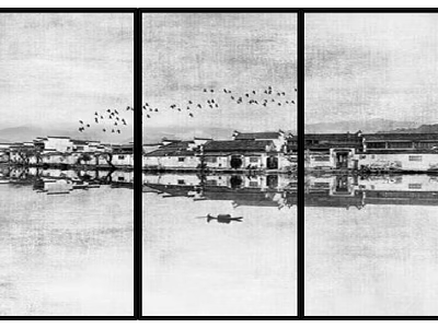 Three Panel Black And White Water Town Wall Decor With Architecture Reflection And Flying Birds 3d model