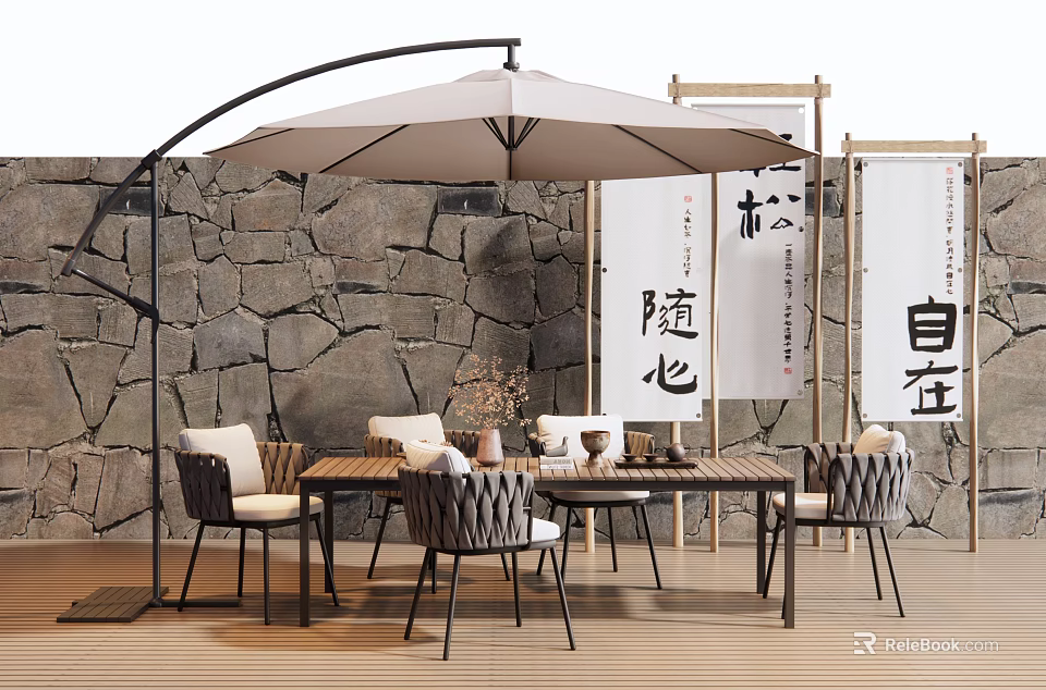 Stylish Outdoor Table with Woven Chairs Large Umbrella and Japanese Scrolls by Stone Wall 3d model 