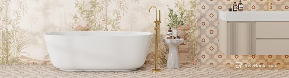 White Bathtub With Golden Faucet And Marble Side Table In Tropical Floral Bathroom Design 3d model 