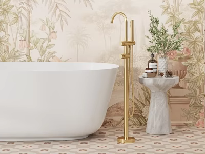 White Bathtub With Golden Faucet And Marble Side Table In Tropical Floral Bathroom Design 3d model
