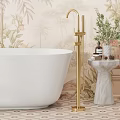 White Bathtub With Golden Faucet And Marble Side Table In Tropical Floral Bathroom Design
