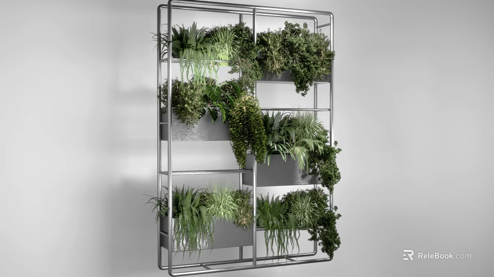 Hanging Basket Green Plants In Vertical Metal Frame With Various Foliage And Decorative Design 3d model 