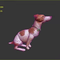 Brown and white sitting dog 3D model with green decorative collar on grey background