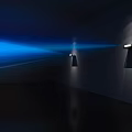Modern Projection Monitoring System with Large Screens Blue Light Displaying Earth Grid in Dark Room