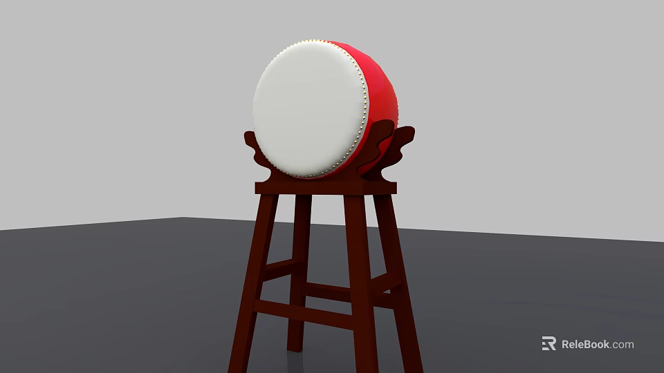 Traditional Red and White Circular Drum with White Drumhead on Wooden Stand 3d model 