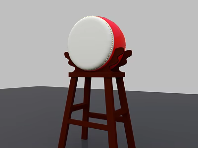 Traditional Red and White Circular Drum with White Drumhead on Wooden Stand 3d model