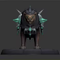 Mythical 3D Lion Figure With Blue Crystal Spikes And Dark Fur On Circular Base