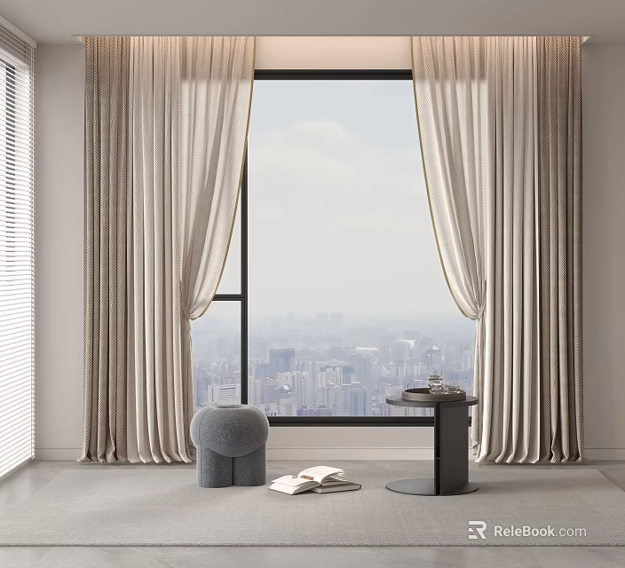 Elegant Beige Curtains For Large Window With City View In Modern Interior 3d model 