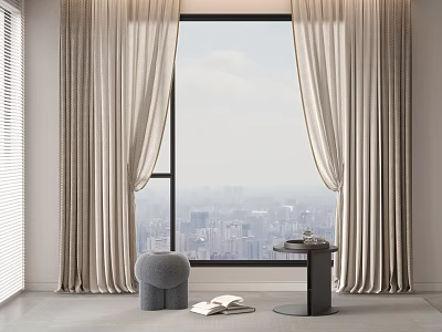 Elegant Beige Curtains For Large Window With City View In Modern Interior 3d model