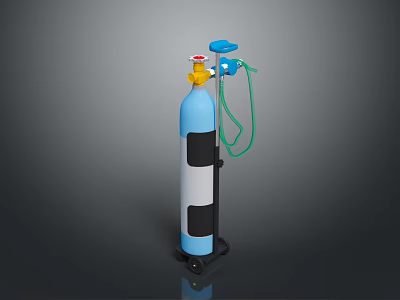 Blue And White Gas Cylinder Equipment With Yellow Valve Green Hose And Wheels 3d model
