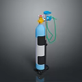 Blue And White Gas Cylinder Equipment With Yellow Valve Green Hose And Wheels